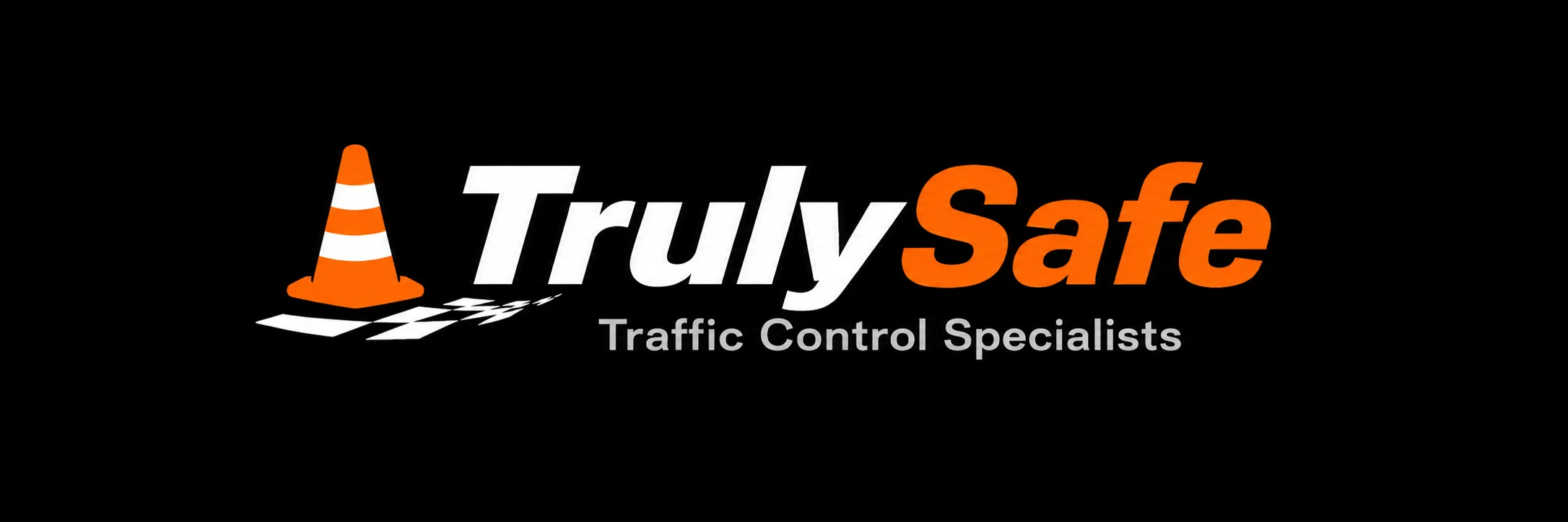 TrulySafe Traffic Control Specialists logo with orange traffic cone and white and orange lettering on a black background