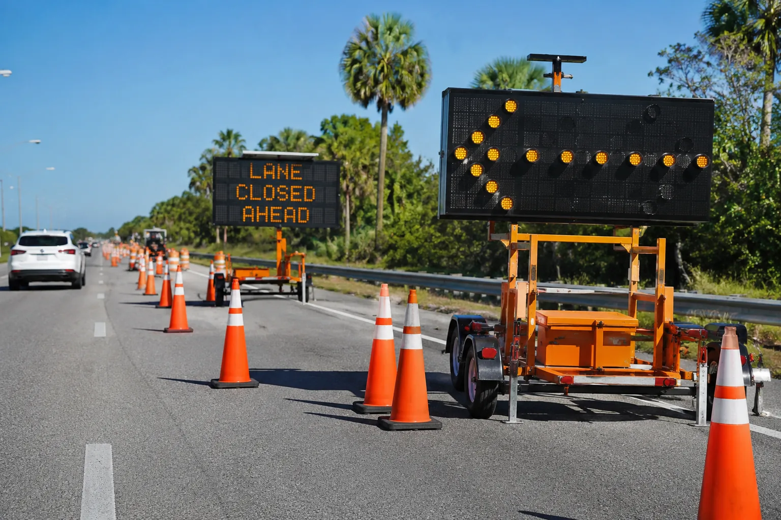 Arrow board and portable message board rentals set up for a lane closure on a Florida roadway