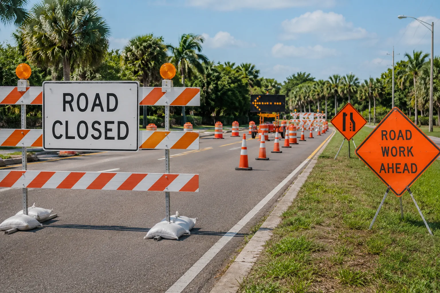 Barricades and warning signs set up for a road closure on a Florida roadway