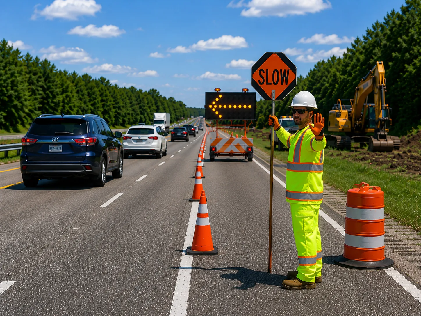 Certified flagger facing oncoming traffic during a daytime lane closure
