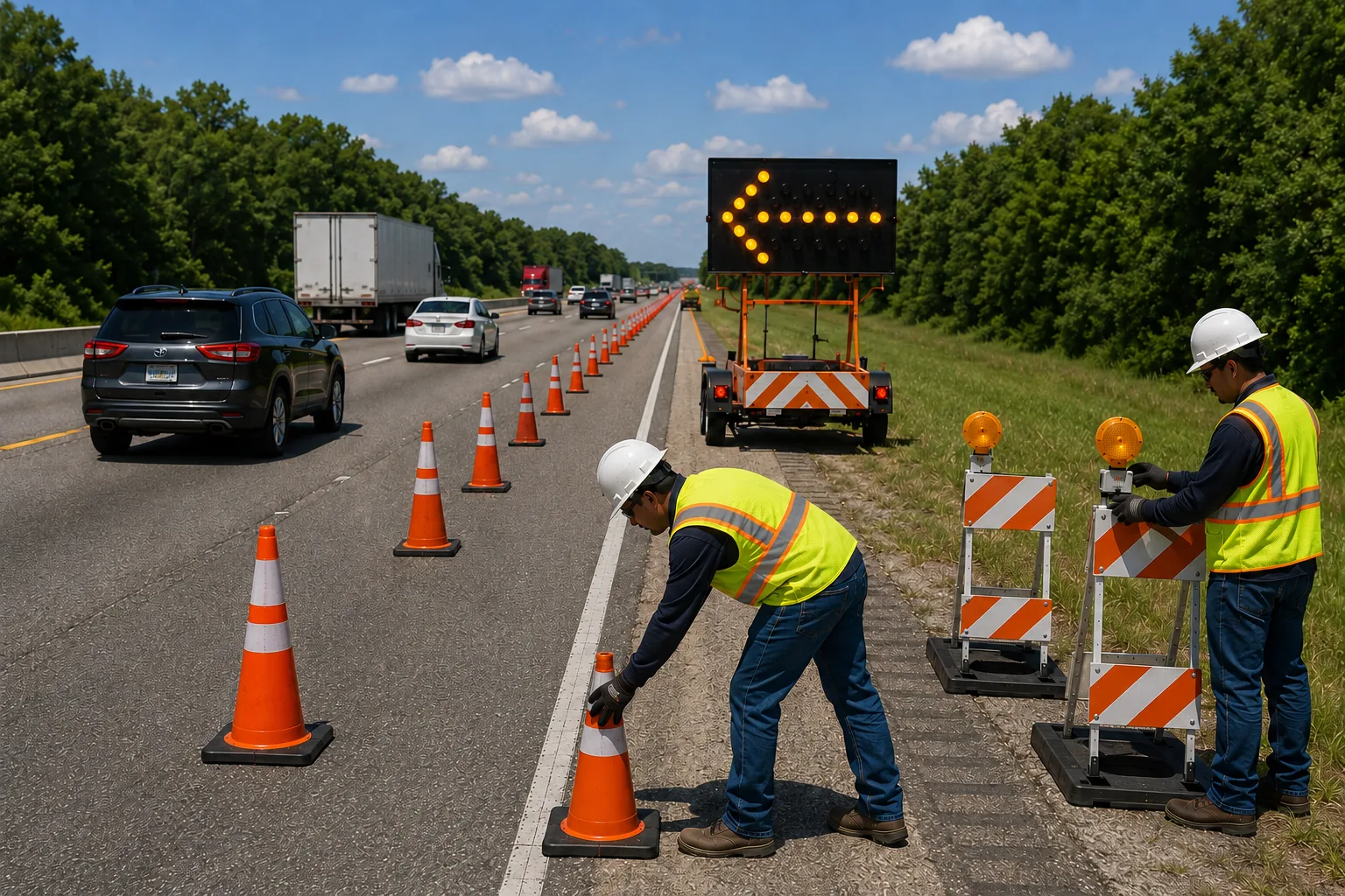 Traffic control crew setting up and maintaining a daytime highway work zone