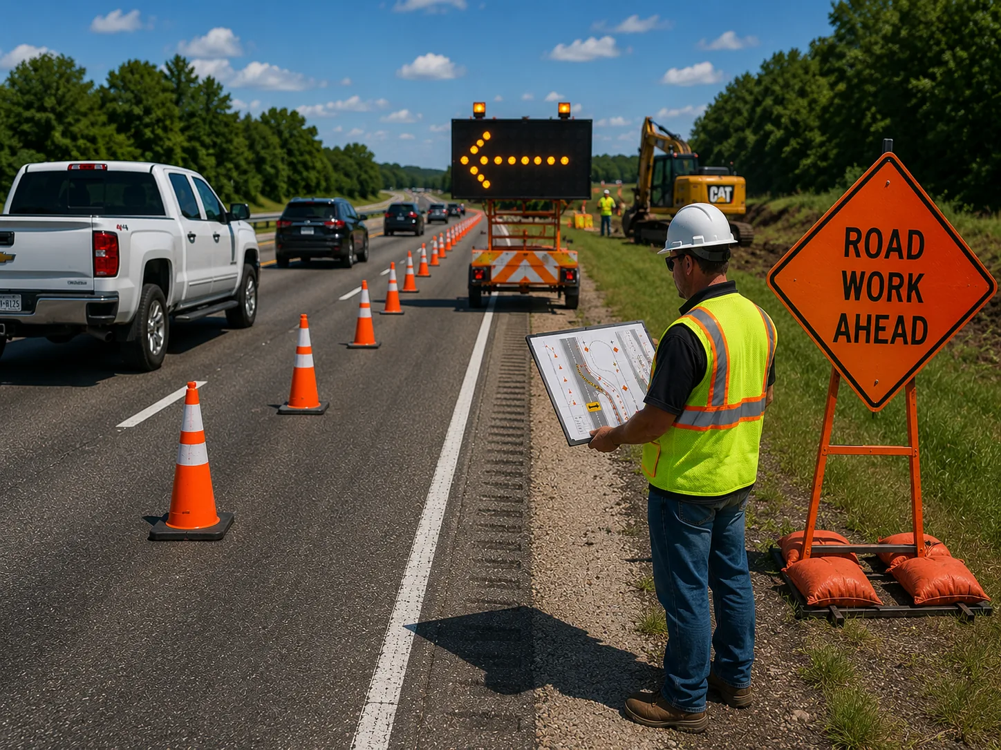 Traffic control supervisor reviewing a customized work zone plan from a protected highway shoulder