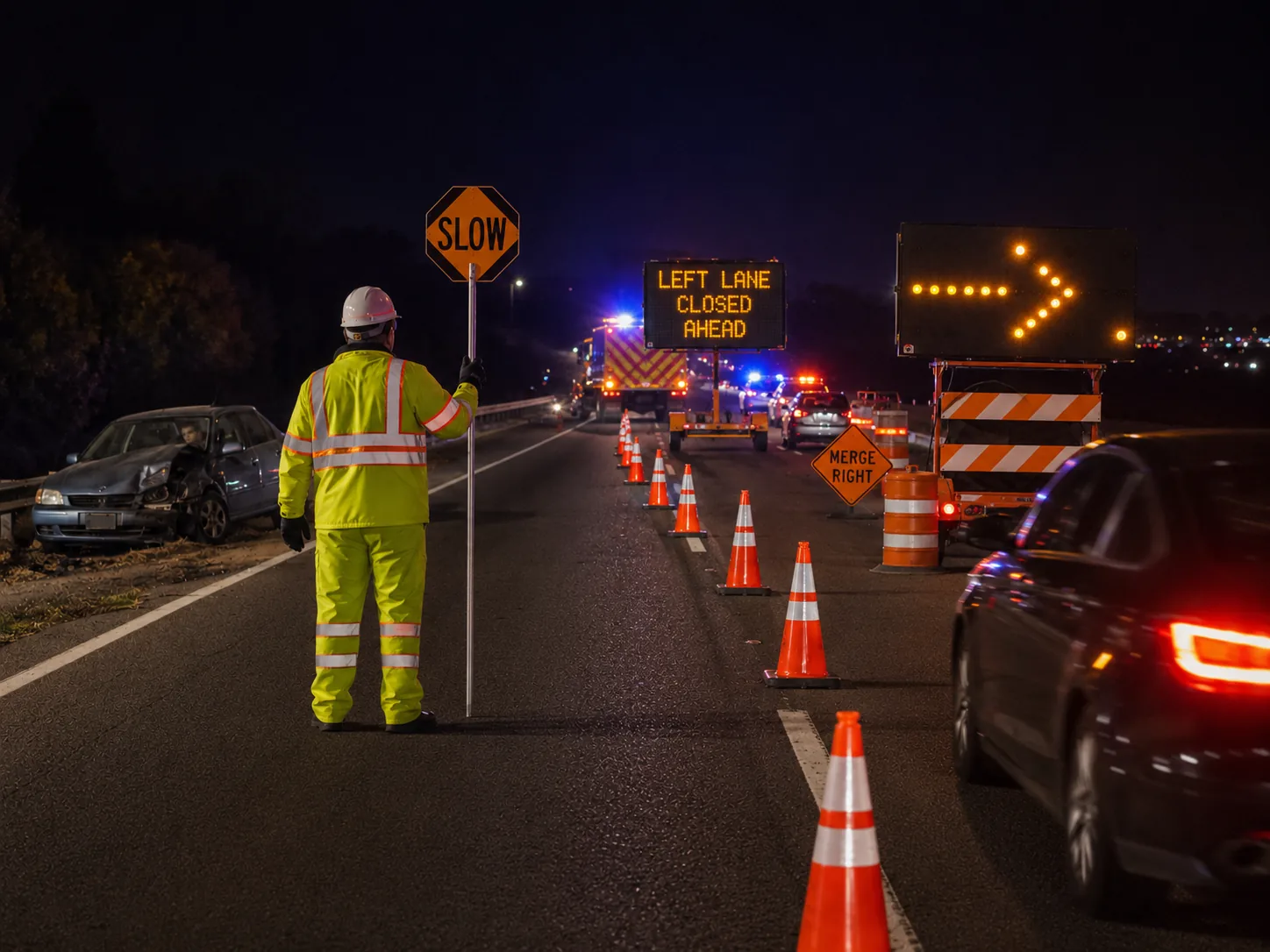 Emergency traffic control crew managing a nighttime accident and lane closure