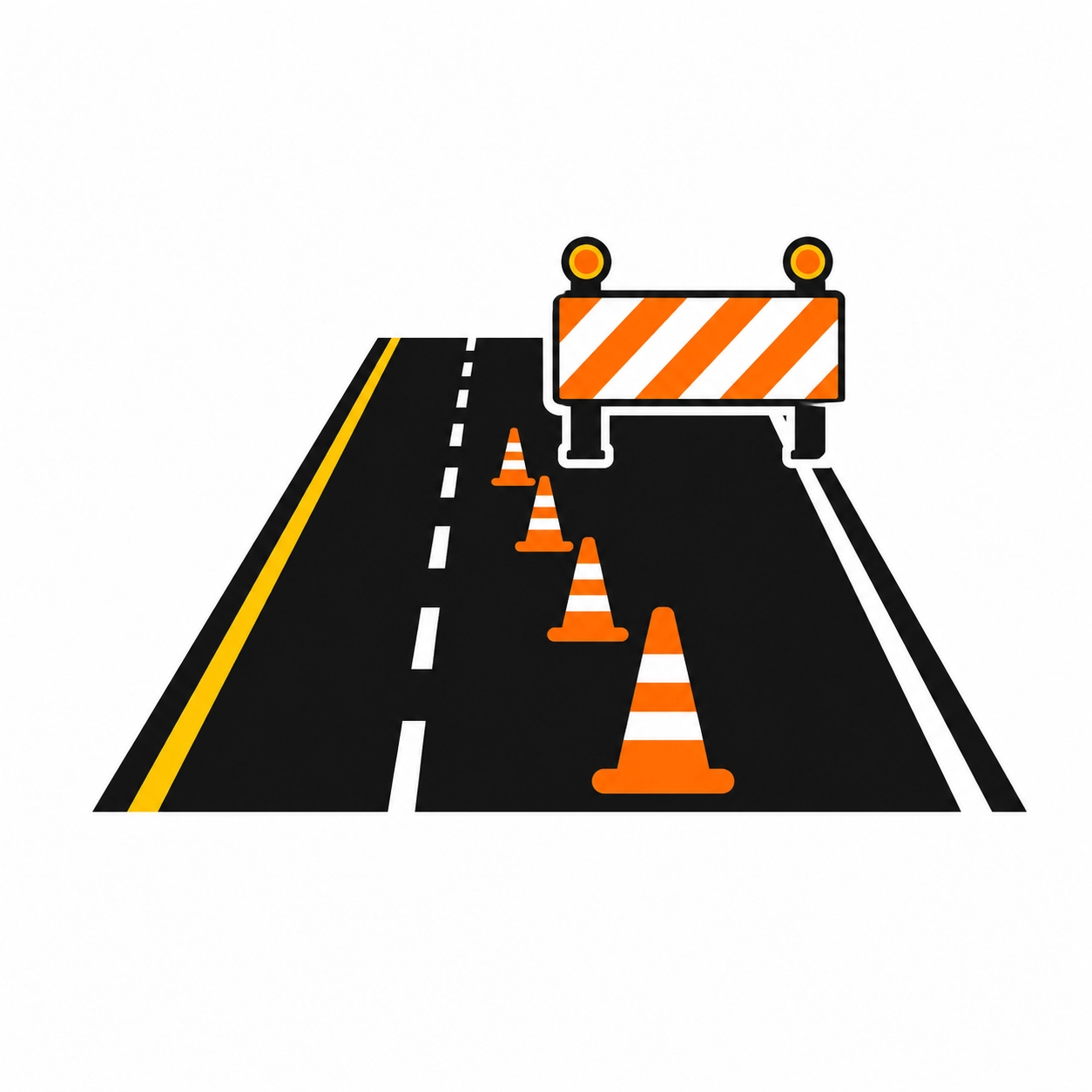 Traffic cones and barricade closing a roadway lane