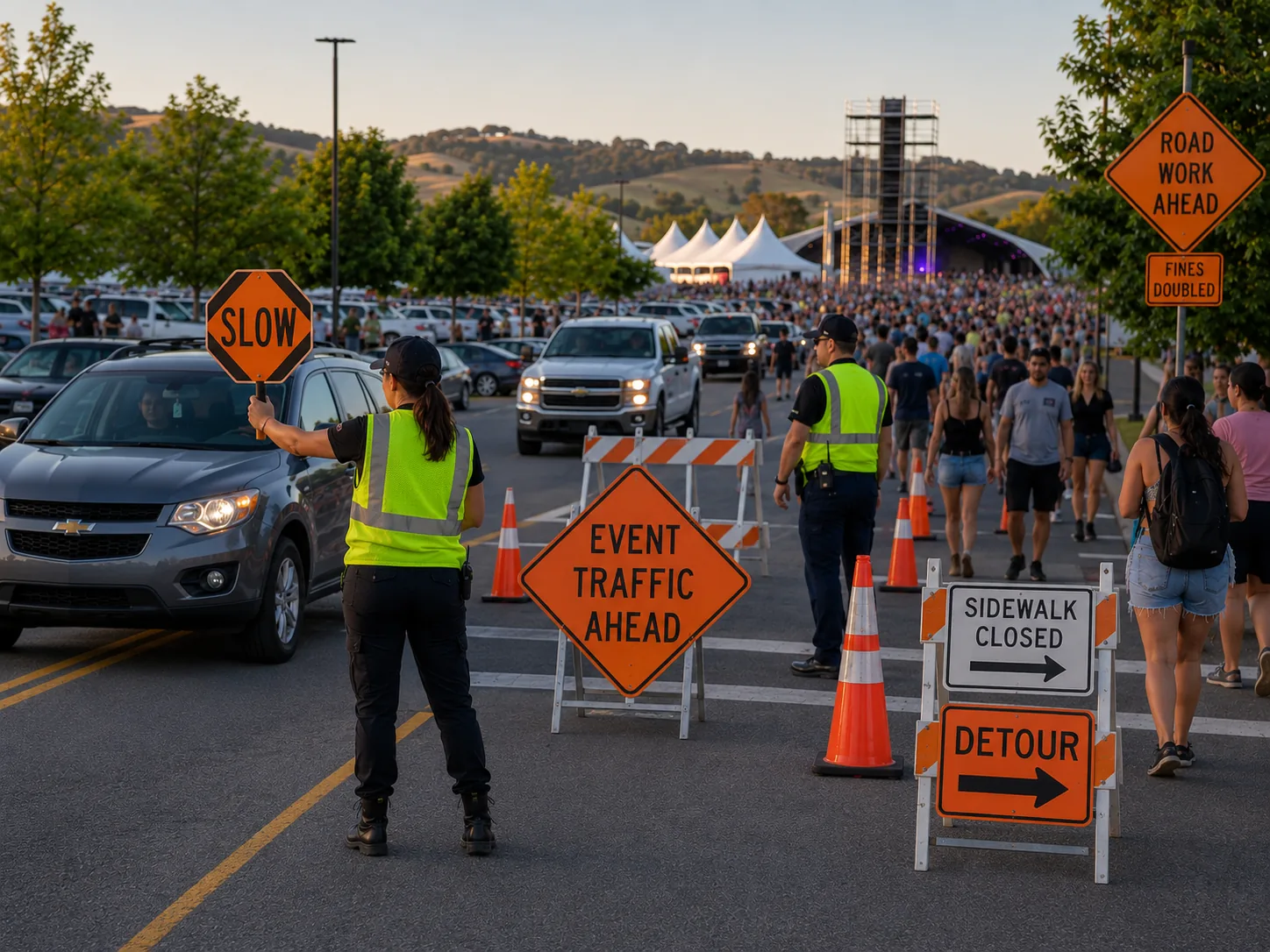 Traffic control staff directing vehicles and pedestrians at a busy outdoor event