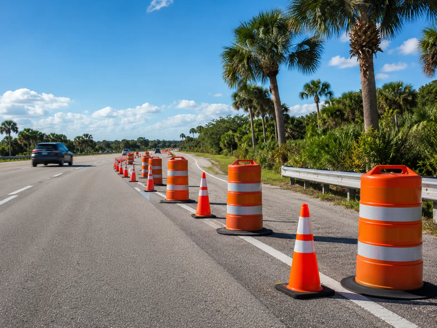 Traffic cones and drums set up along a Florida roadway to guide vehicles through a work zone