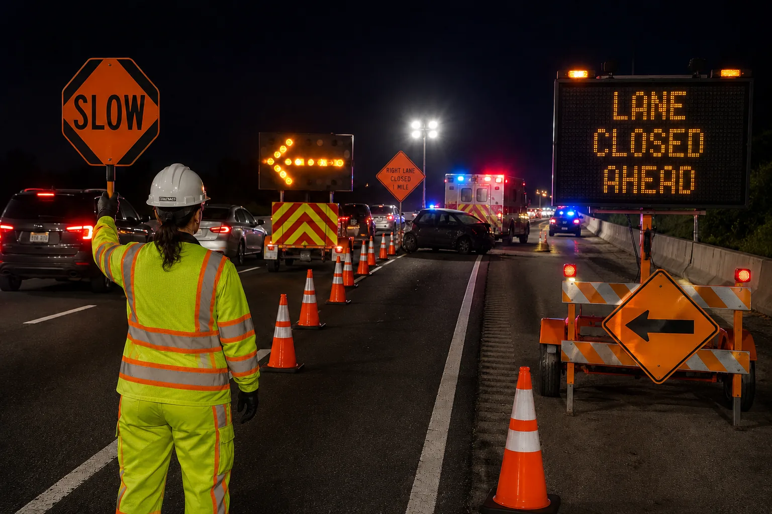 Traffic control devices guiding motorists through a nighttime lane closure