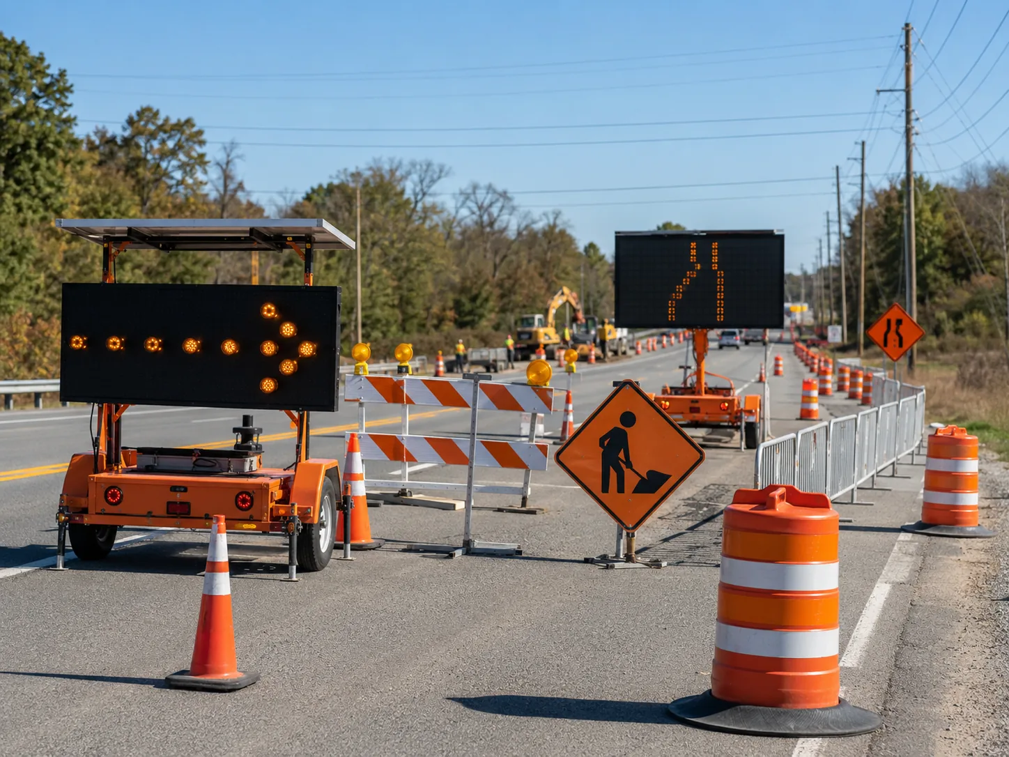 Traffic control devices guiding drivers through an active roadway work zone
