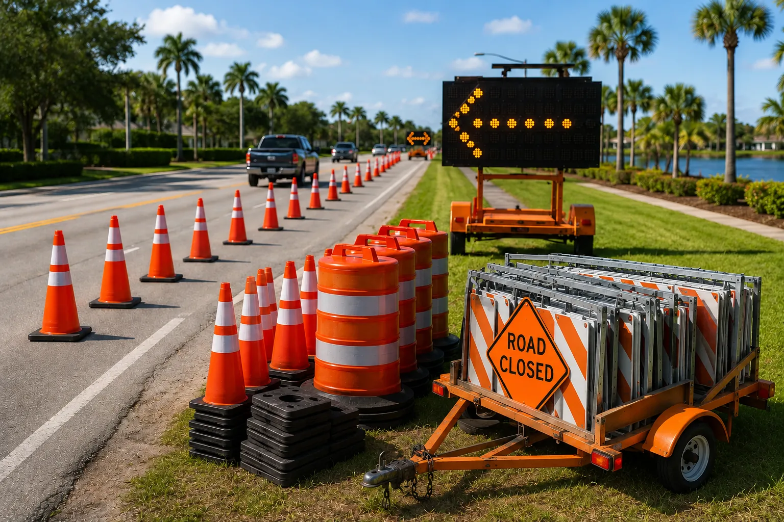 Traffic control equipment rentals staged along a Florida roadway with cones, drums, barricades, arrow boards, and a Road Closed sign