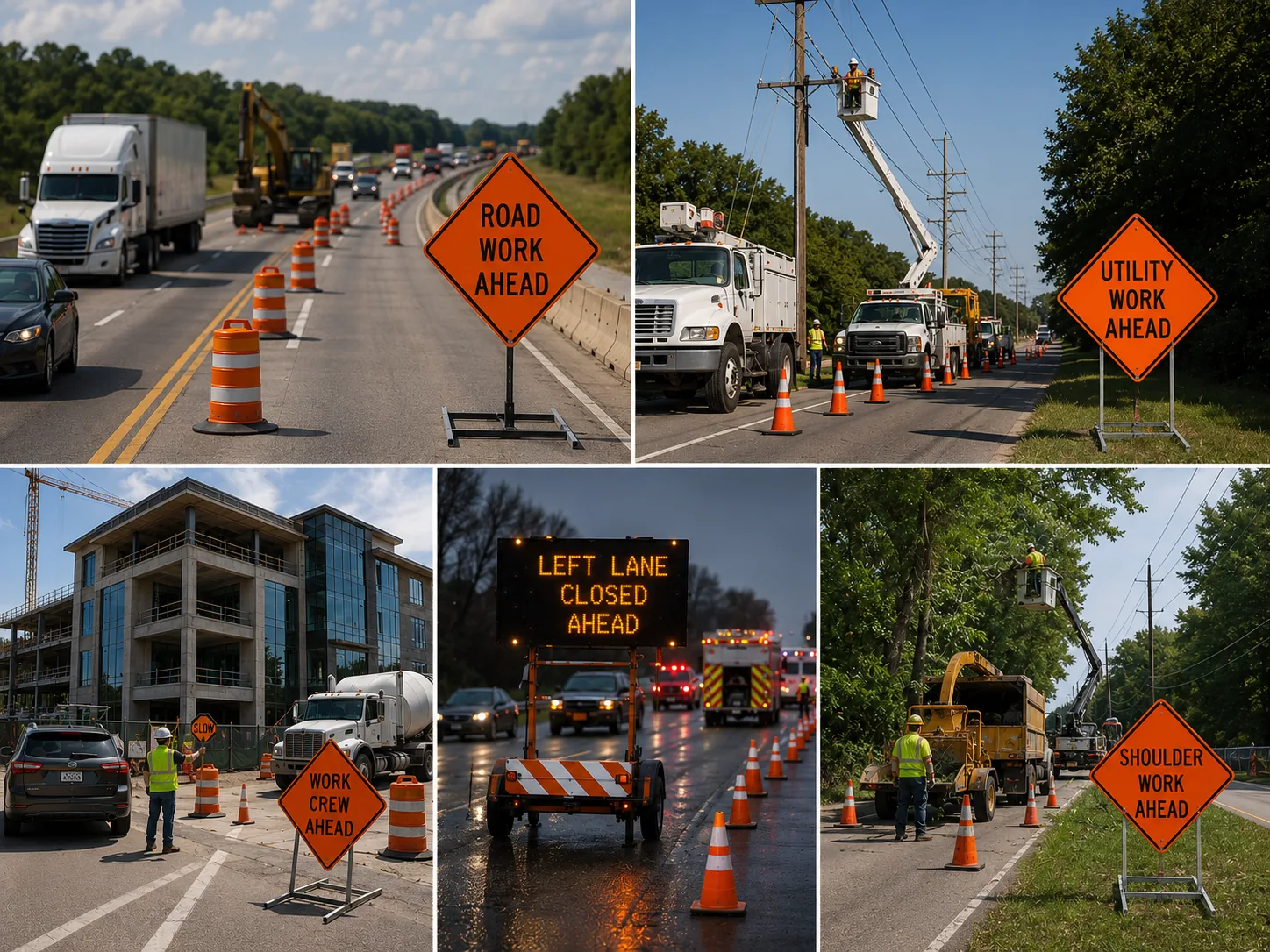 Traffic control collage showing roadway, utility, commercial, emergency, and shoulder work zones