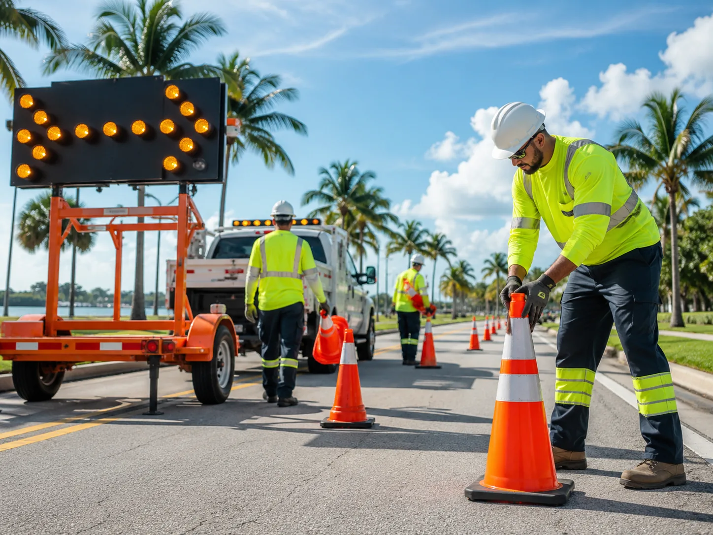 Traffic control crew placing cones along a Florida roadway with an arrow board and work truck