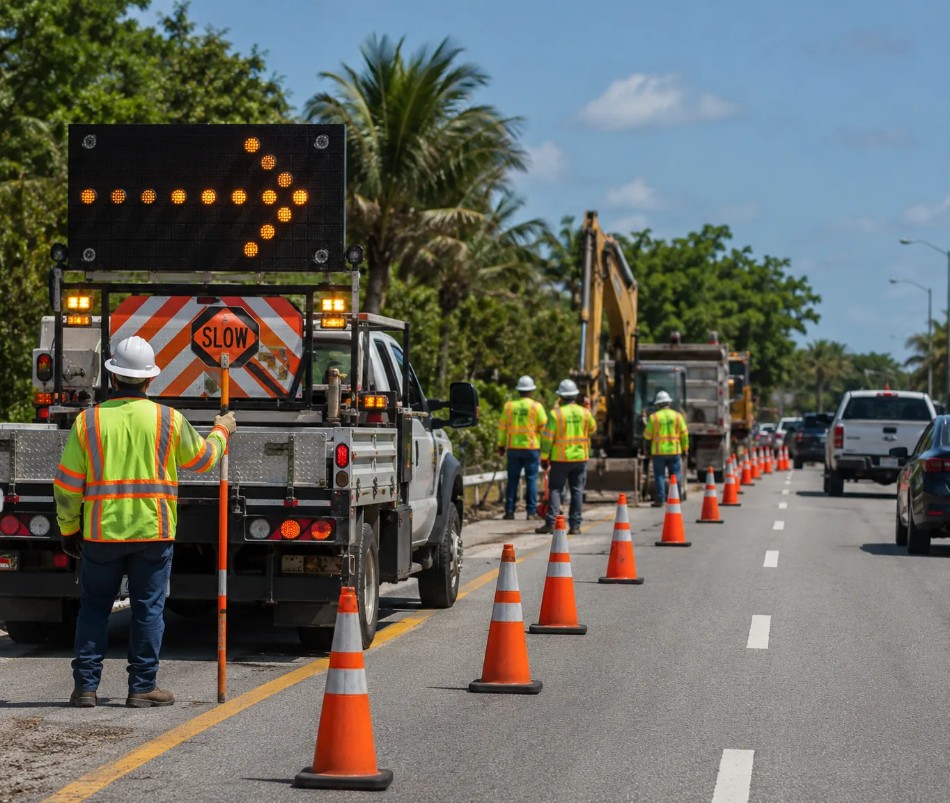 Traffic control crew managing a Florida roadwork zone with cones, an arrow board, and construction equipment
